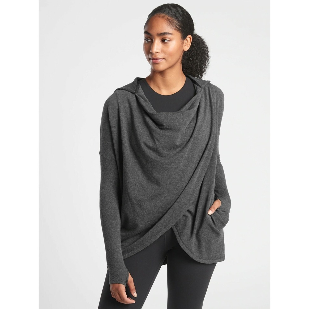 Athleta Purana Wrap Sweatshirt Charcoal Gray Draped Cowl Neck Hooded Small